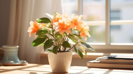Obraz na płótnie Canvas Flower pot on a office desk, succulent cactus vase, Generative AI