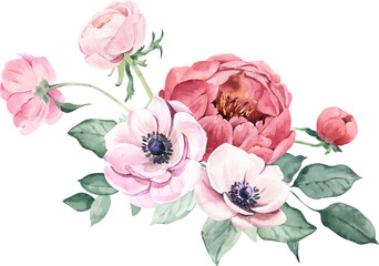 Watercolor Bouquet with Anemone, Peony and Ranunculus