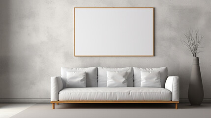 Prosty design kanapy z trzema poduszkami i ramką na zdjęcie wiszącą na ścianie