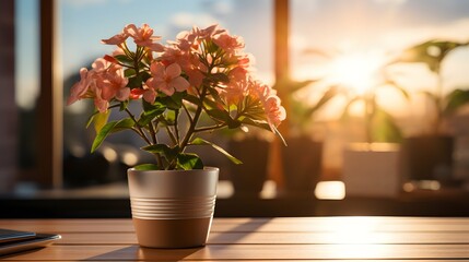 Cactus flower pot on a office desk, window in the background and sunlight, stock photo