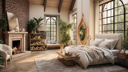 Minimalistyczna sypialnia z kwiatami, roślinami z kominkiem. - obrazy, fototapety, plakaty