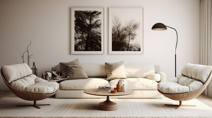 Przytulny projekt pokoju gościnnego z kanapą i obrazami w dziennym świetle, proste minimalistyczne kolory - obrazy, fototapety, plakaty
