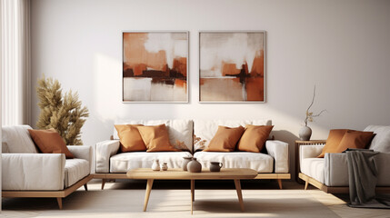 Przytulny projekt pokoju gościnnego z kanapą i obrazami w dziennym świetle, proste minimalistyczne kolory - obrazy, fototapety, plakaty