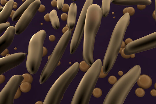 Alcanivorax borkumensis - bacterium that processes hydrocarbon fuels. Cleaning up sea pollution. 3D illustration.