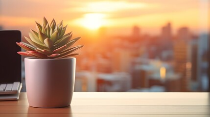Succulent flower pot on a office desk, window in the background and sunlight, stock photo