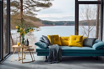 Blue sofa with yellow pillows and blanket against floor to ceiling window with lake view. Scandinavian home interior design of modern living room
