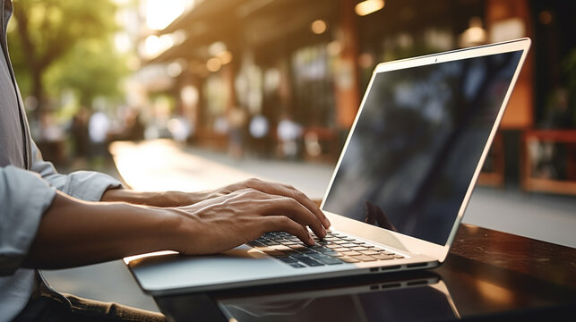 Mężczyzna pracuje zdalnie na laptopie w miejscu publicznym, kawiarnia w centrum miasta