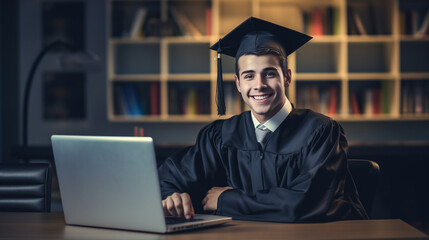 Student, absolwent w todze siedzi przed laptopem uśmiechnięty