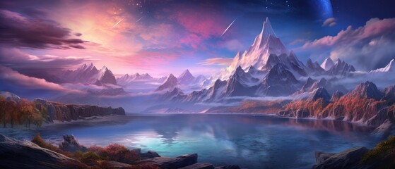 Fantasy landscape with majestic mountains and luminous evening sky. Dreamy nature scenery.