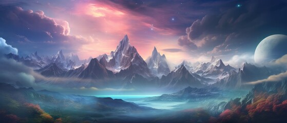 Fantasy landscape with mountains, lakes, and planets. Dreamy scenic background.