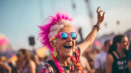 Starsza kobieta, babcia na bawi się na festiwalu muzycznym