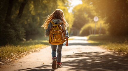 Dziewczynka wraca ze szkoły podczas słonecznego dnia z plecakiem - obrazy, fototapety, plakaty