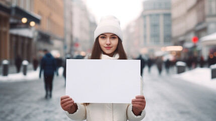 Młoda dziewczyna trzyma kartkę papieru, biały plakat z miejscem na treść w centrum miasta na ruchliwej ulicy. - obrazy, fototapety, plakaty