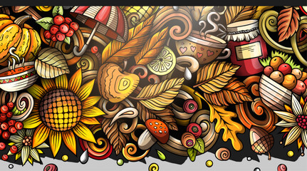 Cartoon cute colorful doodles Fall season banner