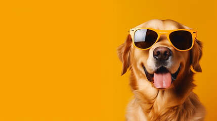 Cool Dog portrait on isolated yellow background with copy text space - ai generative - obrazy, fototapety, plakaty
