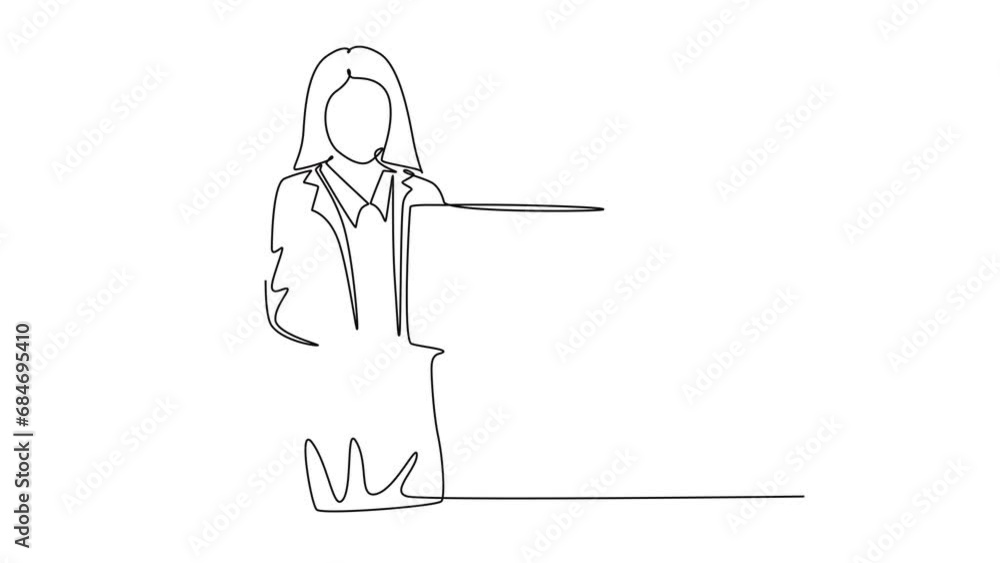 Aufkleber animated self drawing of continuous line draw of young female presenter presenting new product launc