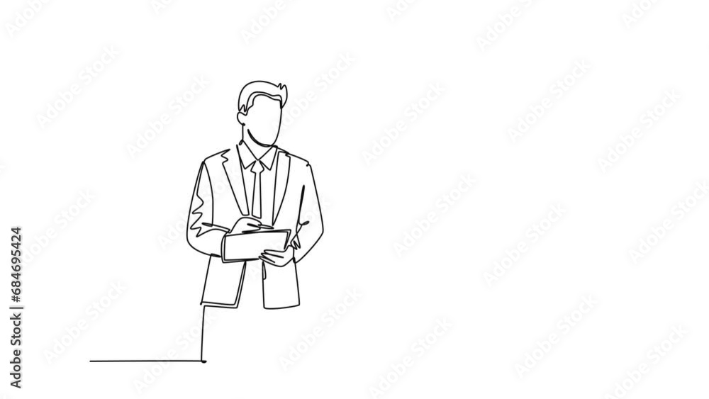 Aufkleber animated self drawing of continuous line draw young presenter watching mess data graph on screen and