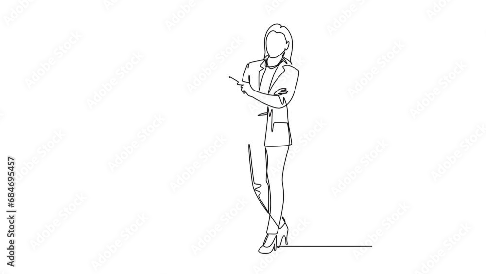 Aufkleber self drawing animation single line draw young pretty female presenter thinking while doing presentat