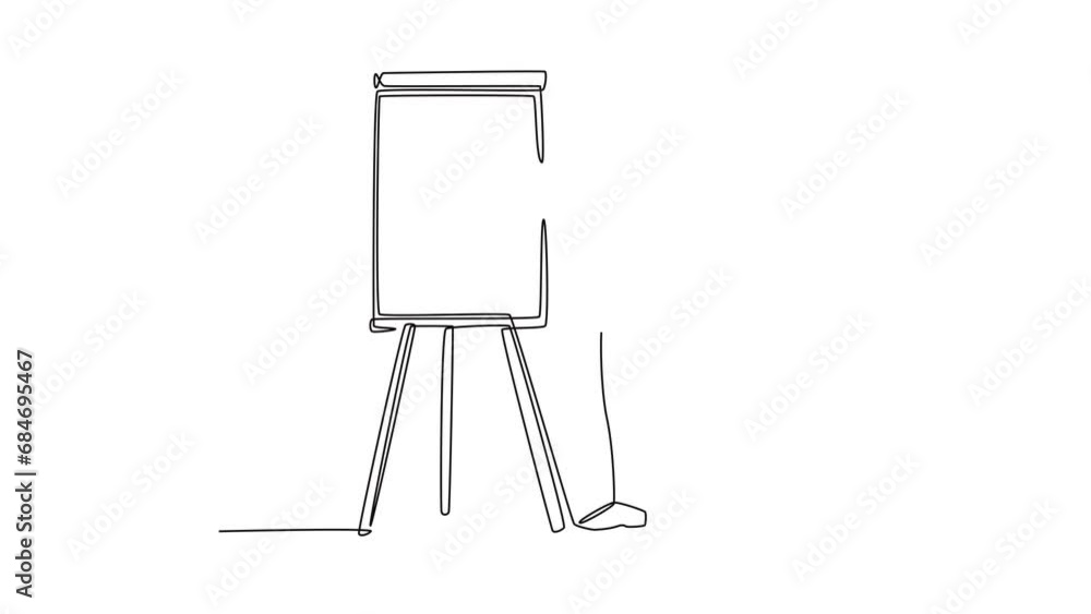 Aufkleber self drawing animation of single line draw young presenter explaining business strategy during team 