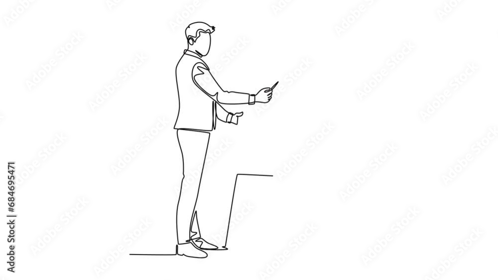 Poster animated self drawing of continuous line draw young success sales manager pointing finger to the inf