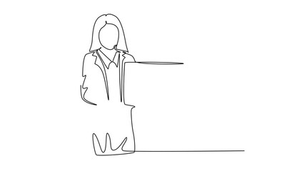 Animated self drawing of continuous line draw of young female presenter presenting new product launch using tablet while meeting at office. Work presentation concept. Full length single line animation