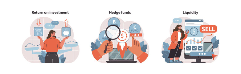 Investment insights set. Analyzing return on investment, understanding hedge funds, managing liquidity. Decision-making, risk evaluation, financial strategies. Flat vector illustration - obrazy, fototapety, plakaty