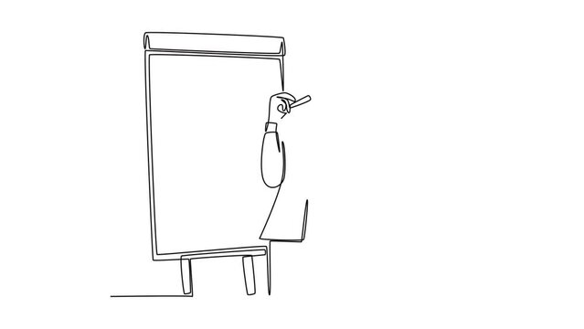 Animated self drawing of continuous line draw businessman presenter drawing graph chart on screen board while on meeting. Business presentation at the office concept. Full length single line animation