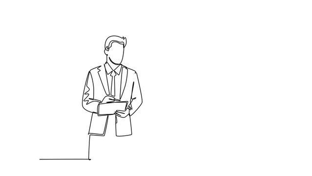 Animated self drawing of continuous line draw young presenter watching mess data graph on screen and thinking how to solve the problem. Workshop presentation concept. Full length single line animation