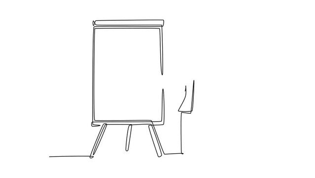 Self drawing animation of single line draw of young female presenter pointing the finger to screen with marker. Business presentation at the office concept. Continuous line draw. Full length animated
