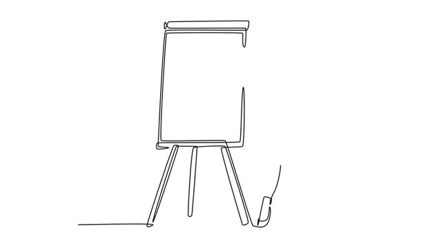 Self drawing animation of single line draw young businesswoman presenting new golden rules of company to the worker. Effective training presentation concept. Continuous line draw. Full length animated