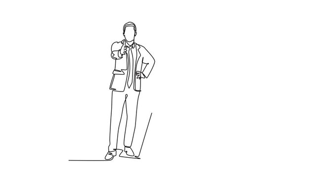Self drawing animation of single line draw young presenter giving thumbs up gesture to the audience while meeting. Business presentation at office concept. Continuous line draw. Full length animated