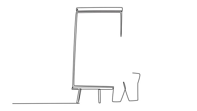 Self drawing animation single line draw young business coach teaching strategy to increase company growth on flip chart in front of class. Business coaching. Continuous line draw. Full length animated