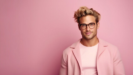 Portrait of attractive guy in casual clothes stands on pink background