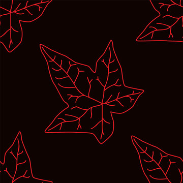 Contour red ivy leaves on a dark background. Seamless pattern.