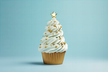 Christmas tree shaped cupcake on a pastel blue background, white and gold colors, holiday dessert