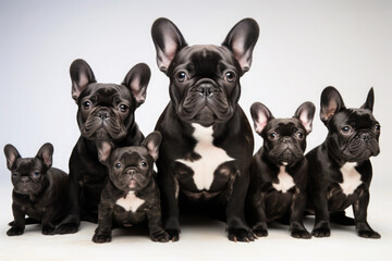 Portrait of French Bulldogs family. Dogs sitting on floor and looking at camera, front view