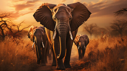 a large group of elephants are walking across the grassland at sunset
