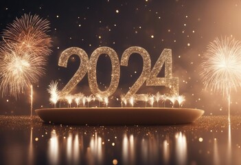  Happy New Year's Night with fireworks and Happy New Year 2024.