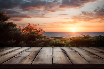 Fototapeta na wymiar A wooden table for displaying products with a background of a sunset view. Ai generate.