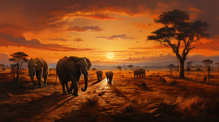 Fototapeta na wymiar a large group of elephants are walking across the grassland at sunset