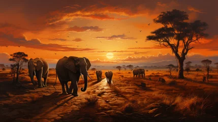 Tafelkleed a large group of elephants are walking across the grassland at sunset © CRYPTOERMD