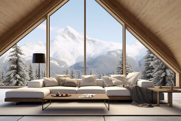 Corner sofa in room with wooden lining paneling wall and ceiling,panoramic window with great winter snow mountain landscape view