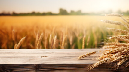  A wooden table for displaying agricultural products against a background of a wheat field. Ai generate.