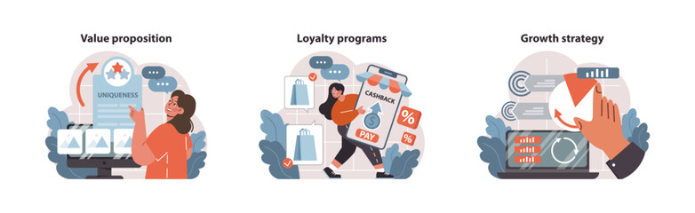 Business strategy set. Showcasing brand uniqueness, offering customer loyalty programs, and implementing aggressive growth tactics. Data-driven decisions, market expansion. Flat vector illustration