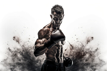 Fototapeta na wymiar illustration of boxer with an aggressive look in boxing gloves on white background with splashes