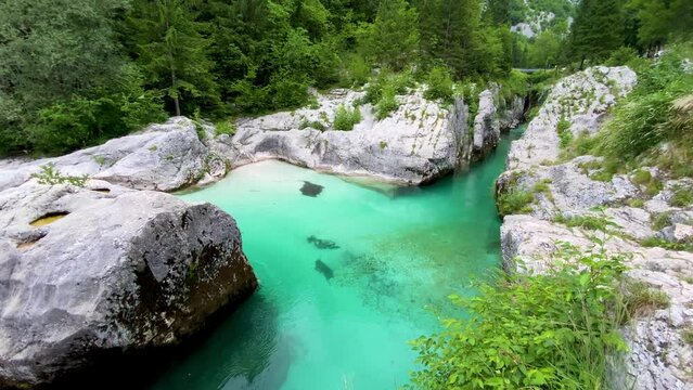 Amazing  Soca river gorge in Slovenian Alps. Great Soca Gorge (Velika korita Soce), Triglav National park, Slovenia. Great canyon of Soca river, Bovec, Slovenia. Soca Gorge in Triglav National Park.