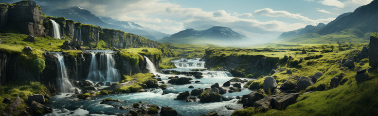 Fototapeta na wymiar a waterfall surrounded by green grass and mountains