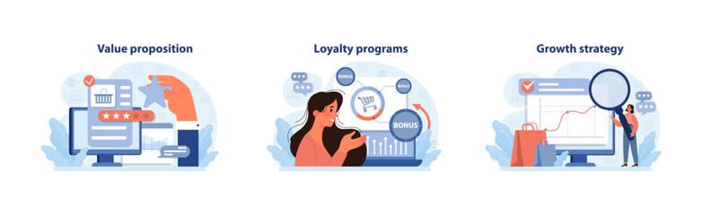 Business strategy set. Showcasing the online value proposition, benefits of loyalty programs, and the essentials of growth planning. Consumer engagement, earning trust, magnifying profits. Flat vector - obrazy, fototapety, plakaty