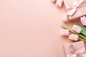 Heartwarming flat lay with tulips, gift, celebrating Mother's Day and International Women's Day (8 March)