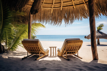 Tropical bungalow on the amazing beach with a palm tree - obrazy, fototapety, plakaty